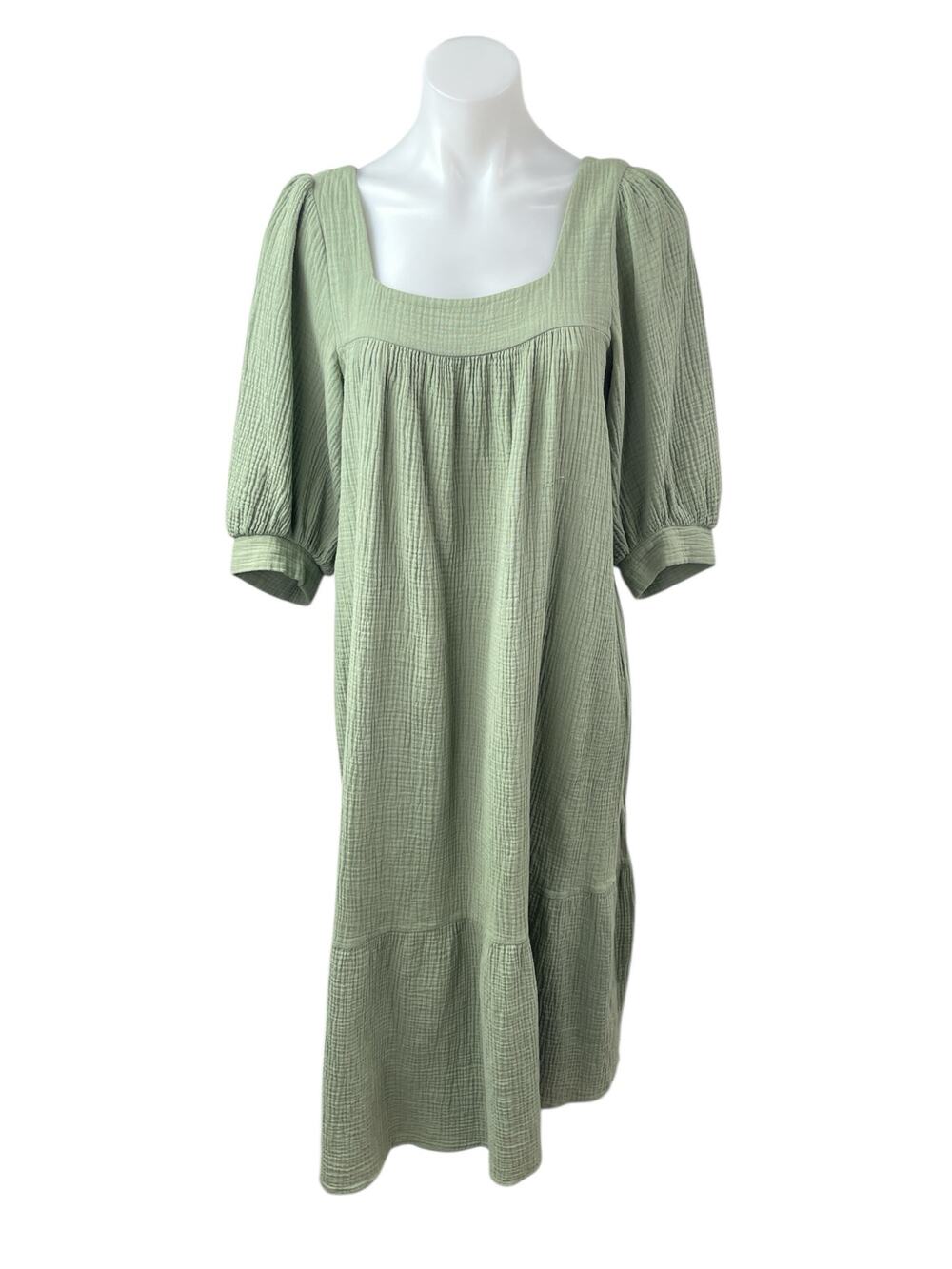 Christy Dawn Bianca Green Half Sleeve Gauze Drop Waist Babydoll Midi Dress Sz M